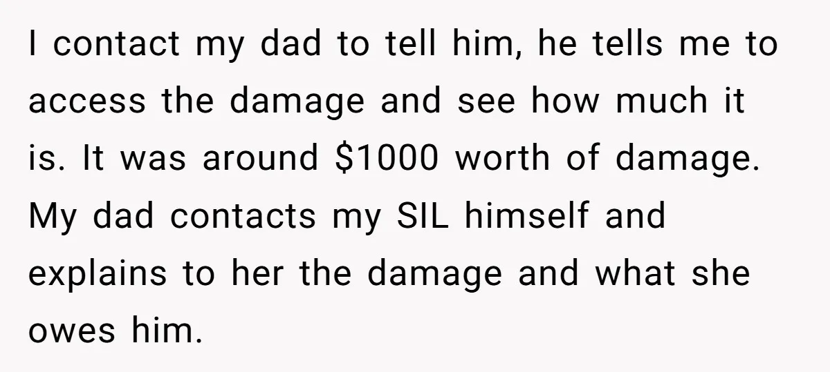 I contact my dad to tell him, he tells me to access the damage and see how much it is. It was around $1000 worth of damage. My dad contacts...