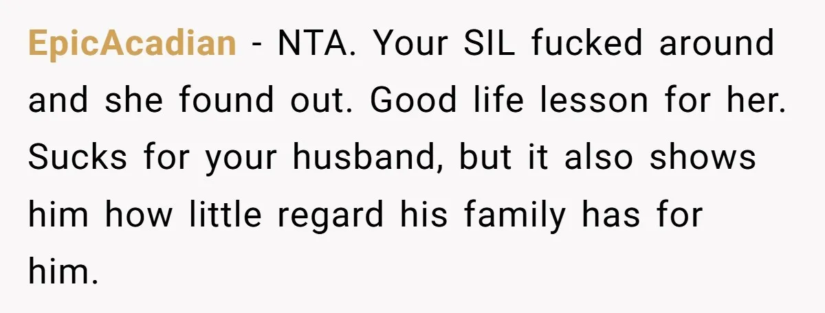 EpicAcadian − NTA. Your SIL fucked around and she found out. Good life lesson for her. Sucks for your husband, but it also shows him how little regard his family...
