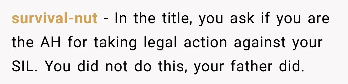 survival-nut − In the title, you ask if you are the AH for taking legal action against your SIL. You did not do this, your father did.