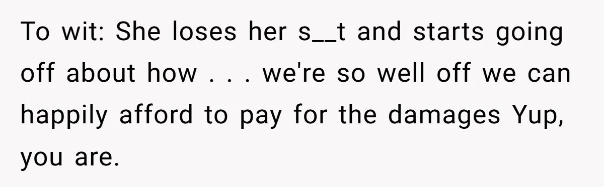 To wit: She loses her s__t and starts going off about how . . . we're so well off we can happily afford to pay for the damages Yup, you...