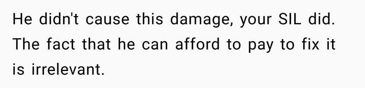 He didn't cause this damage, your SIL did. The fact that he can afford to pay to fix it is irrelevant.