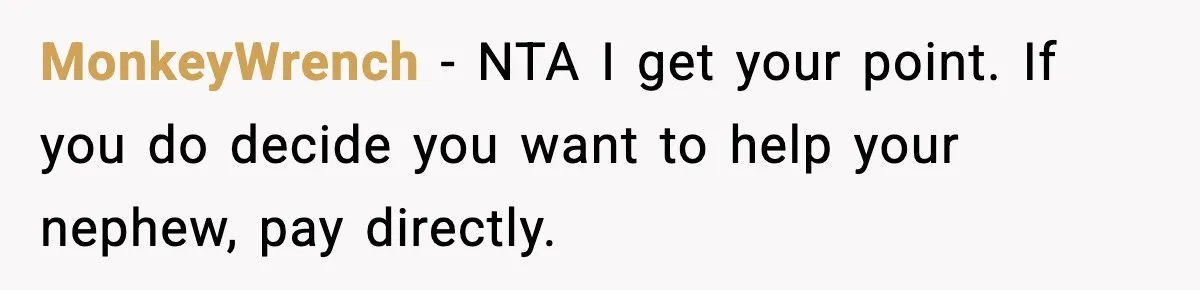 MonkeyWrench - NTA I get your point. If you do decide you want to help your nephew, pay directly.