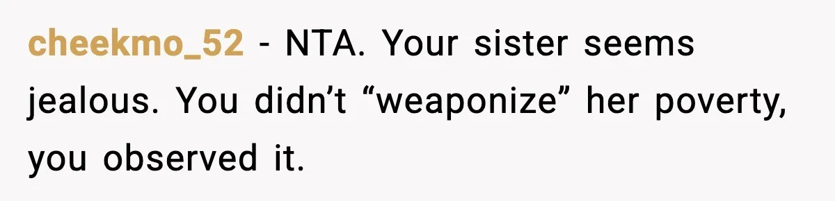 Sister Polices Her Dating “Aura”, Then Uses Mom’s Birthday as an Apology Hostage cheekmo_52 - NTA. Your sister seems jealous. You didn’t “weaponize” her poverty, you observed it.
