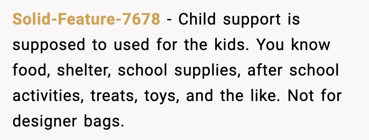 Sister Polices Her Dating “Aura”, Then Uses Mom’s Birthday as an Apology Hostage Solid-Feature-7678 - Child support is supposed to used for the kids. You know food, shelter, school supplies, after school activities, treats, toys, and the like. Not for designer bags.