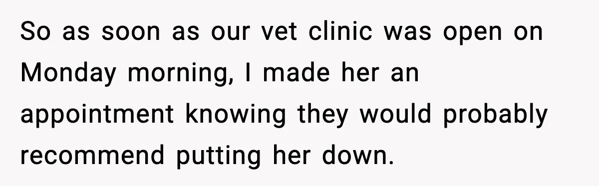 So as soon as our vet clinic was open on Monday morning, I made her an appointment knowing they would probably recommend putting her down.