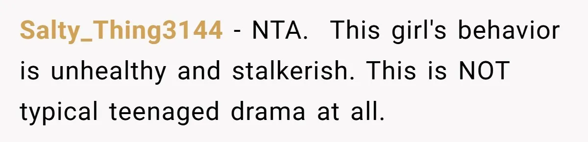 She Threatened to Call the Cops on Her Brother’s “Admirer” After Things Took a Dark Turn Salty_Thing3144 − NTA. This girl's behavior is unhealthy and stalkerish. This is NOT typical teenaged drama at all.