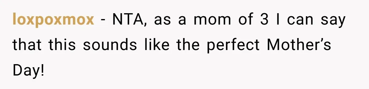 She Wants to Spend Mother’s Day Alone, and Some People Think That Makes Her a Bad Mom loxpoxmox − NTA, as a mom of 3 I can say that this sounds like the perfect Mother’s Day!