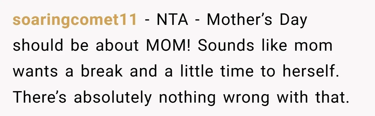 She Wants to Spend Mother’s Day Alone, and Some People Think That Makes Her a Bad Mom soaringcomet11 − NTA - Mother’s Day should be about MOM! Sounds like mom wants a break and a little time to herself. There’s absolutely nothing wrong with that.