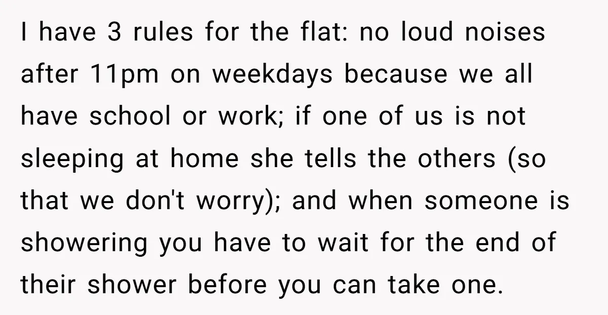 I have 3 rules for the flat: no loud noises after 11pm on weekdays because we all have school or work; if one of us is not sleeping at home...