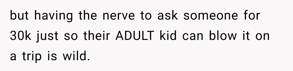 but having the nerve to ask someone for 30k just so their ADULT kid can blow it on a trip is wild.
