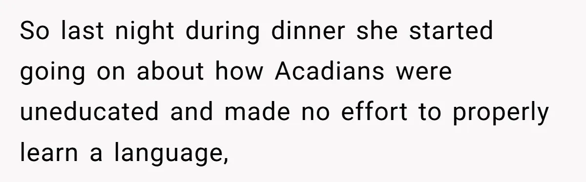 Boyfriend’s Aunt Calls Acadians Uneducated, She Starts Fixing Her Grammar Publicly So last night during dinner she started going on about how Acadians were uneducated and made no effort to properly learn a language,