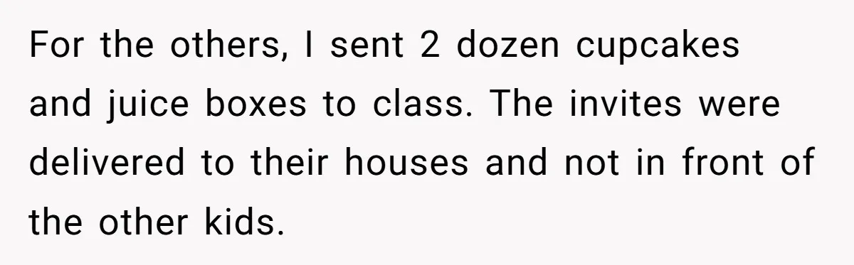 For the others, I sent 2 dozen cupcakes and juice boxes to class. The invites were delivered to their houses and not in front of the other kids.