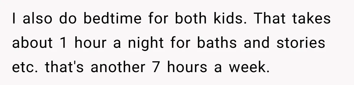I also do bedtime for both kids. That takes about 1 hour a night for baths and stories etc. that's another 7 hours a week.
