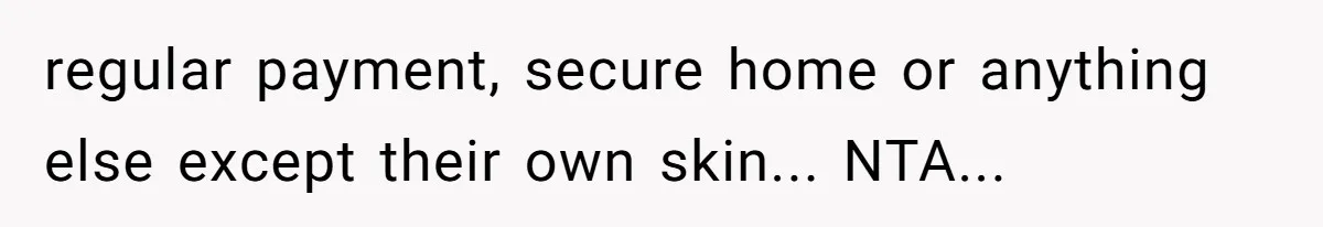 regular payment, secure home or anything else except their own skin... NTA...