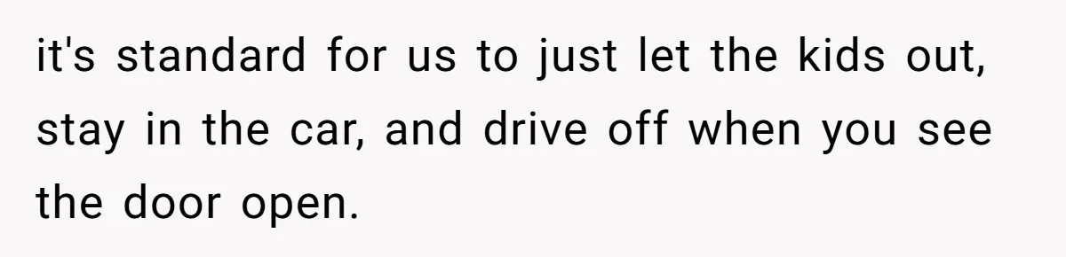 Woman Refuses To Watch Sister-In-Law's Kids Ever Again After She Calls The Cops Over Late Pickup it's standard for us to just let the kids out, stay in the car, and drive off when you see the door open.
