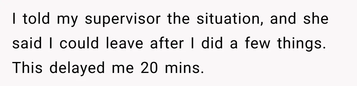 Woman Refuses To Watch Sister-In-Law's Kids Ever Again After She Calls The Cops Over Late Pickup I told my supervisor the situation, and she said I could leave after I did a few things. This delayed me 20 mins.