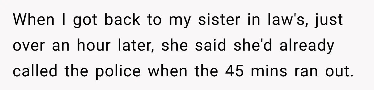 Woman Refuses To Watch Sister-In-Law's Kids Ever Again After She Calls The Cops Over Late Pickup When I got back to my sister in law's, just over an hour later, she said she'd already called the police when the 45 mins ran out.
