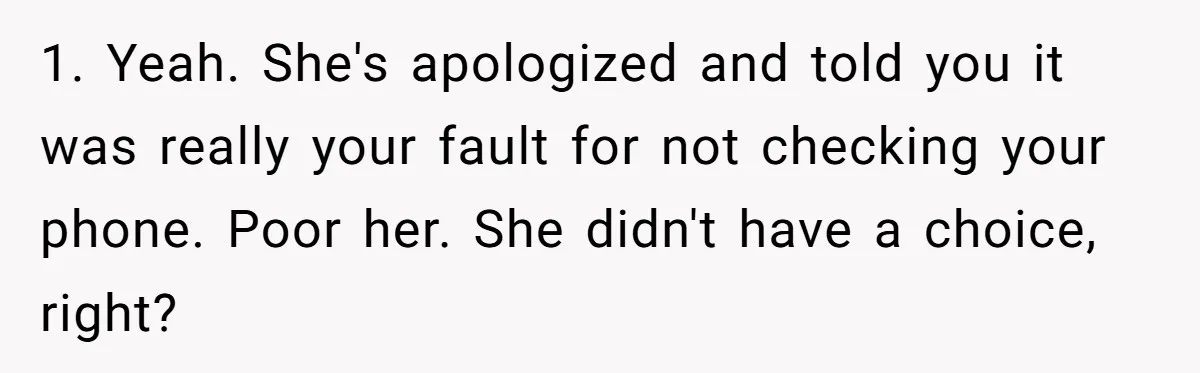 Woman Refuses To Watch Sister-In-Law's Kids Ever Again After She Calls The Cops Over Late Pickup 1. Yeah. She's apologized and told you it was really your fault for not checking your phone. Poor her. She didn't have a choice, right?
