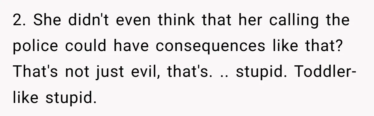 Woman Refuses To Watch Sister-In-Law's Kids Ever Again After She Calls The Cops Over Late Pickup 2. She didn't even think that her calling the police could have consequences like that? That's not just evil, that's. .. stupid. Toddler-like stupid.
