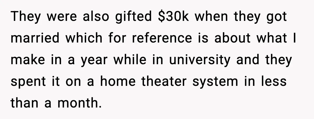 Student Tells Friend He Can’t Sympathize After Rich Lifestyle Collapse They were also gifted $30k when they got married which for reference is about what I make in a year while in university and they spent it on a home...