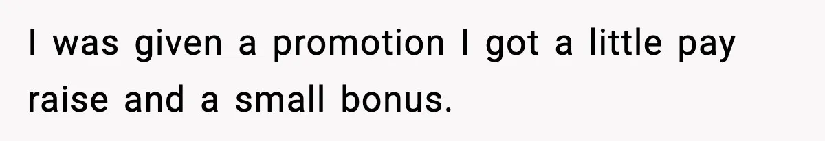 I was given a promotion I got a little pay raise and a small bonus.