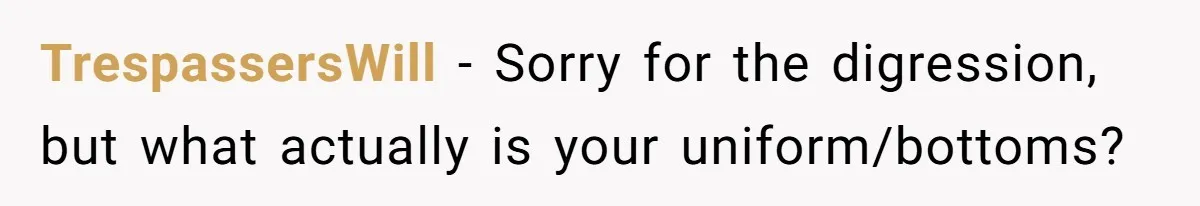 Boyfriend Said He Accepted Her Career, Then Broke Up The Moment He Saw It For Himself TrespassersWill − Sorry for the digression, but what actually is your uniform/bottoms?
