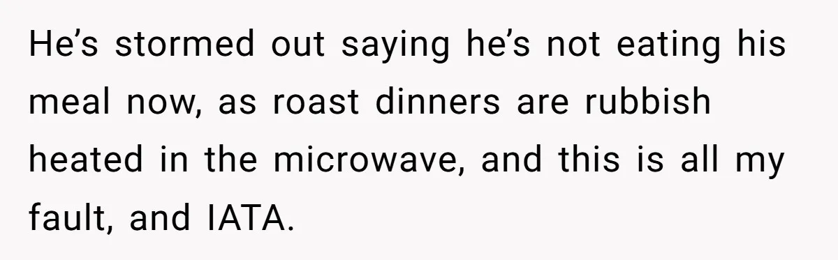 He’s stormed out saying he’s not eating his meal now, as roast dinners are rubbish heated in the microwave, and this is all my fault, and IATA.