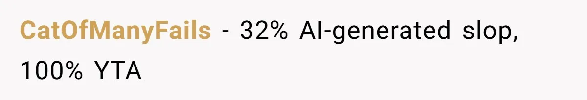 CatOfManyFails − 32% AI-generated slop, 100% YTA