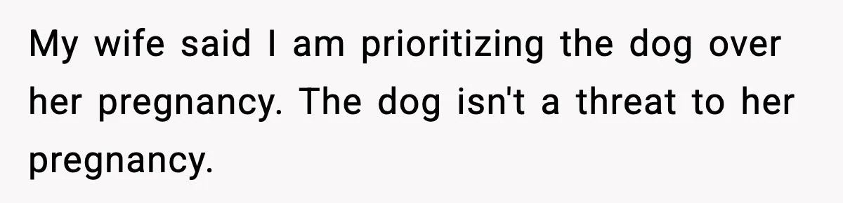 He Defends Son’s Dog After Wife Demands Rehoming Over Pregnancy Anxiety My wife said I am prioritizing the dog over her pregnancy. The dog isn't a threat to her pregnancy.