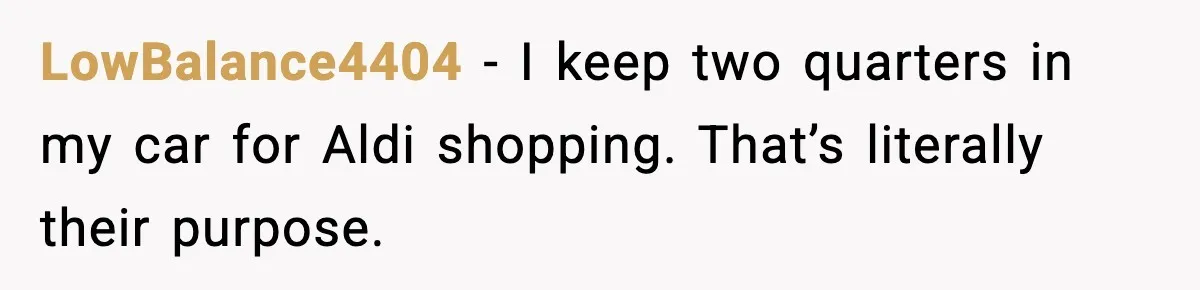 LowBalance4404 - I keep two quarters in my car for Aldi shopping. That’s literally their purpose.