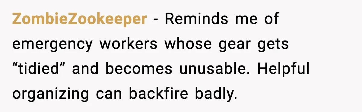ZombieZookeeper - Reminds me of emergency workers whose gear gets “tidied” and becomes unusable. Helpful organizing can backfire badly.