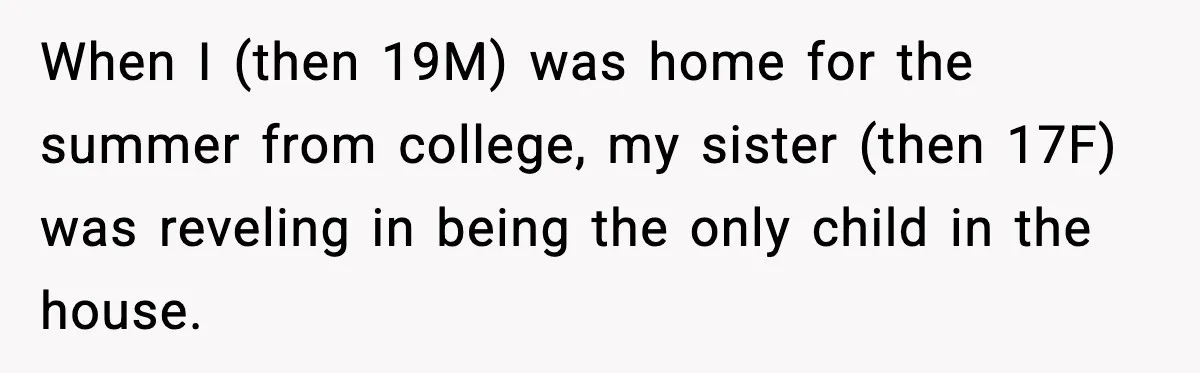 Years of Being a Doormat End With One Word: “No” When I (then 19M) was home for the summer from college, my sister (then 17F) was reveling in being the only child in the house.