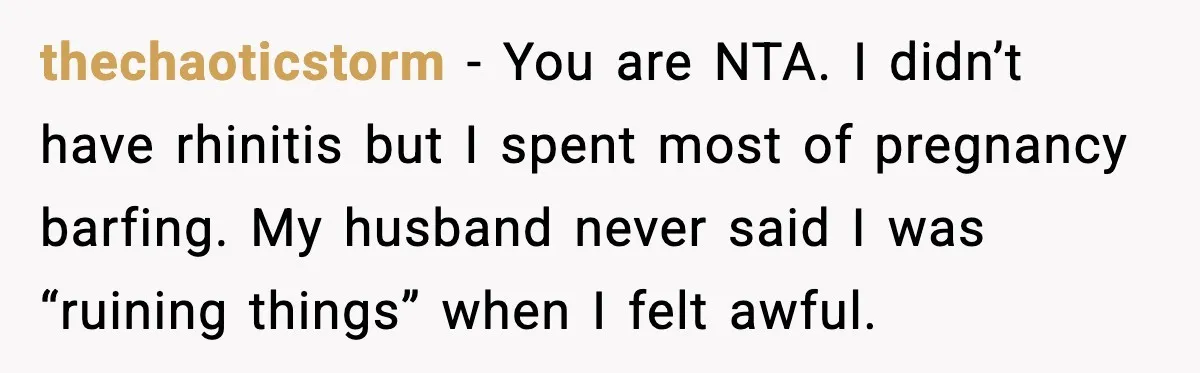 Husband Complains About Pregnancy Symptoms, Wife Fires Back In Frustration thechaoticstorm - You are NTA. I didn’t have rhinitis but I spent most of pregnancy barfing. My husband never said I was “ruining things” when I felt awful.