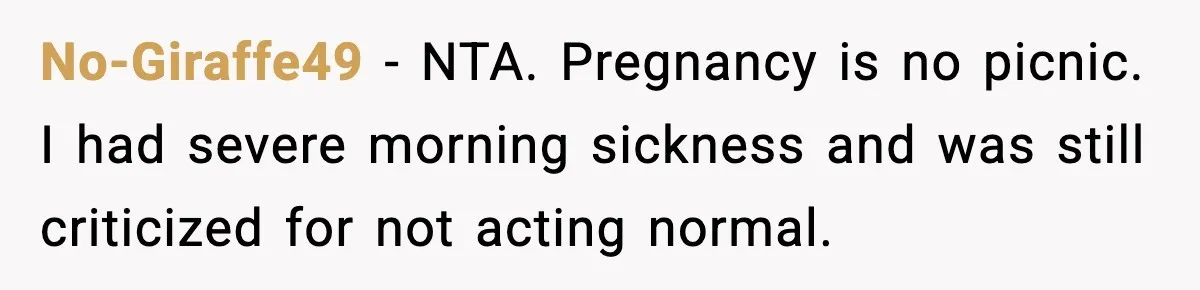 Husband Complains About Pregnancy Symptoms, Wife Fires Back In Frustration No-Giraffe49 - NTA. Pregnancy is no picnic. I had severe morning sickness and was still criticized for not acting normal.