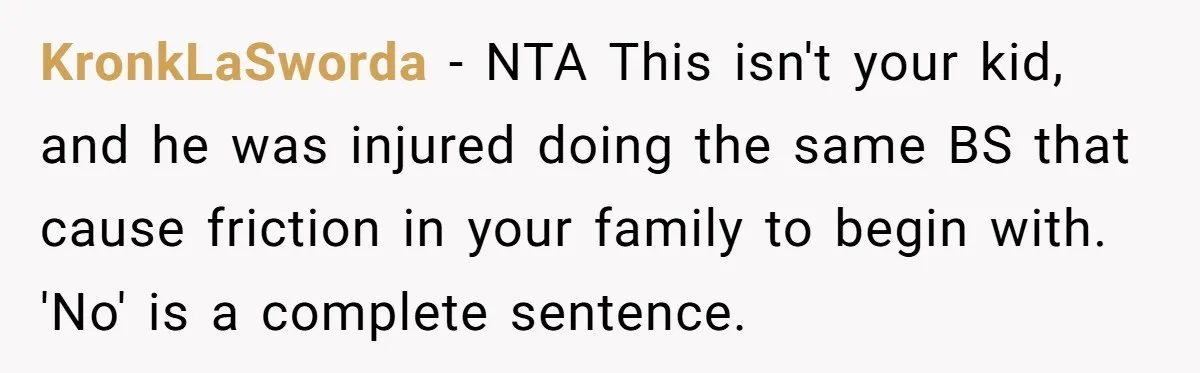 Sibling Bonds Are Tested When a Step-Nephew Needs Help After an Appalling Incident KronkLaSworda − NTA This isn't your kid, and he was injured doing the same BS that cause friction in your family to begin with. 'No' is a complete sentence.