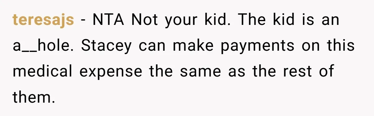 Sibling Bonds Are Tested When a Step-Nephew Needs Help After an Appalling Incident teresajs − NTA Not your kid. The kid is an a__hole. Stacey can make payments on this medical expense the same as the rest of them.