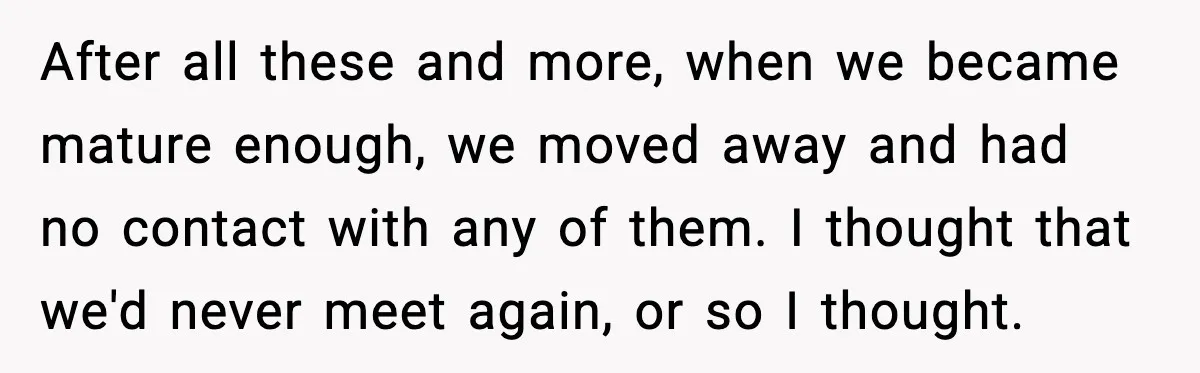 After all these and more, when we became mature enough, we moved away and had no contact with any of them. I thought that we'd never meet again, or so...