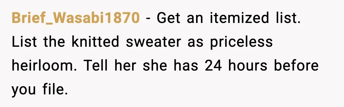 She Stole Her Granddaughter’s Welcome-Home Gifts Right Off the Porch Brief_Wasabi1870 - Get an itemized list. List the knitted sweater as priceless heirloom. Tell her she has 24 hours before you file.