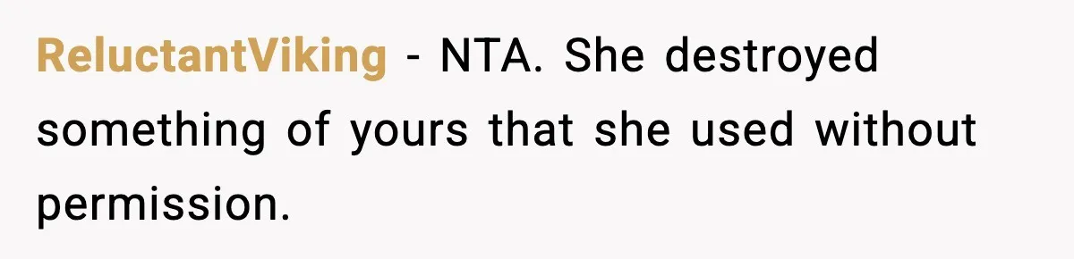 ReluctantViking − NTA. She destroyed something of yours that she used without permission.