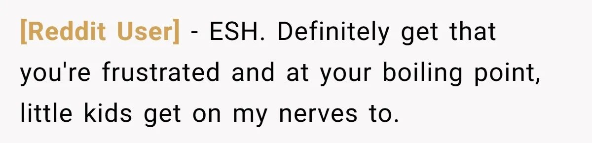 [Reddit User] − ESH. Definitely get that you're frustrated and at your boiling point, little kids get on my nerves to.