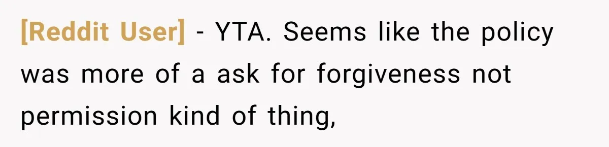 [Reddit User] − YTA. Seems like the policy was more of a ask for forgiveness not permission kind of thing,