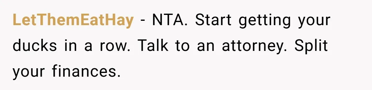 Wife Struggles To Afford Nursery While Unemployed Husband Refuses To Quit $250 Massages LetThemEatHay − NTA. Start getting your ducks in a row. Talk to an attorney. Split your finances.