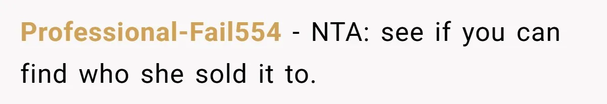 Professional-Fail554 − NTA: see if you can find who she sold it to.