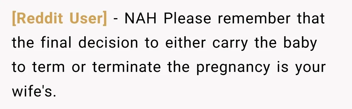 [Reddit User] − NAH Please remember that the final decision to either carry the baby to term or terminate the pregnancy is your wife's.