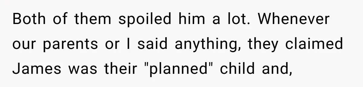 Both of them spoiled him a lot. Whenever our parents or I said anything, they claimed James was their "planned" child and,