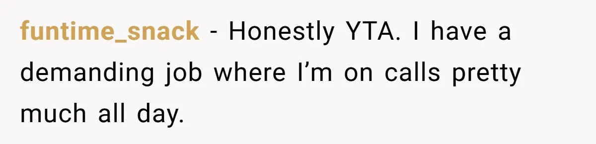 funtime_snack − Honestly YTA. I have a demanding job where I’m on calls pretty much all day.