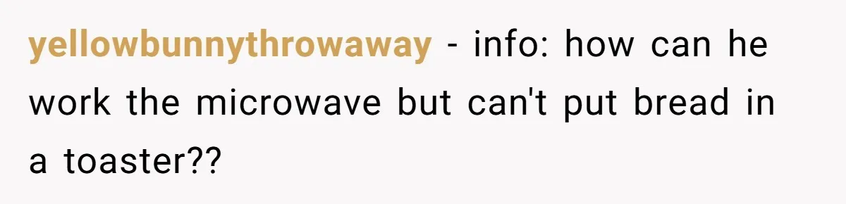 yellowbunnythrowaway − info: how can he work the microwave but can't put bread in a toaster??