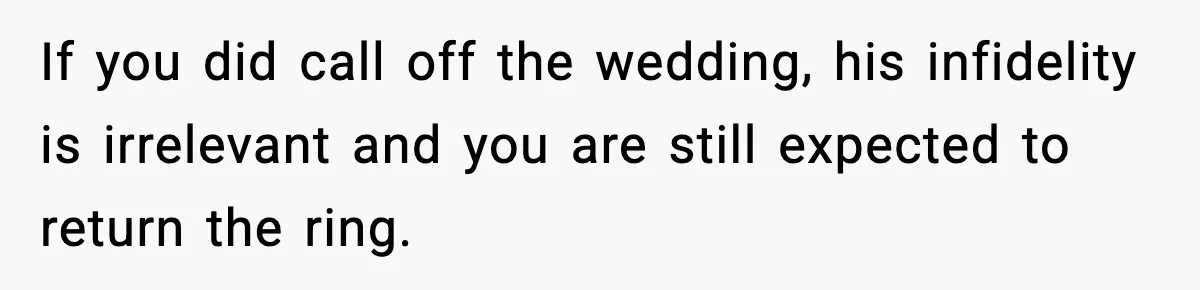 Woman Sells Ex-Fiancé’s Family Heirloom Ring After He Refuses To Help Pay $20K Cancelled Wedding Debt If you did call off the wedding, his infidelity is irrelevant and you are still expected to return the ring.