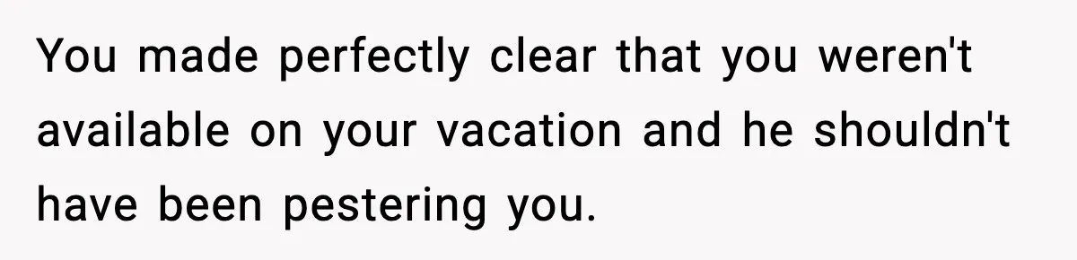 You made perfectly clear that you weren't available on your vacation and he shouldn't have been pestering you.