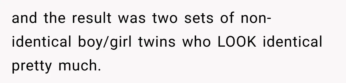 Boy Finally Calls Out Parents For Favoring Twins, They Accuse Him Of Emotional Manipulation and the result was two sets of non-identical boy/girl twins who LOOK identical pretty much.